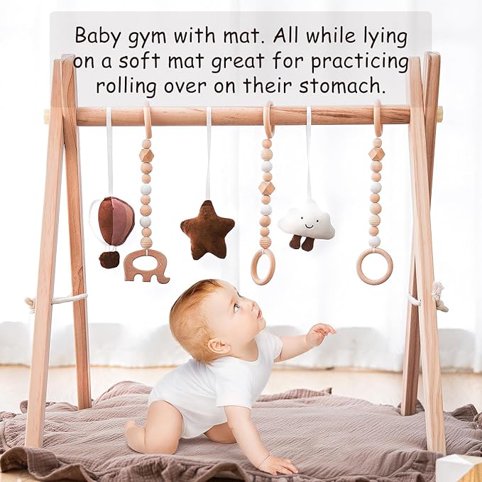 Razee Wooden Baby Play Gym Play Mat, Foldable Baby Gym with 6 Hanging Sensory Toys for Newborn Shower Gift