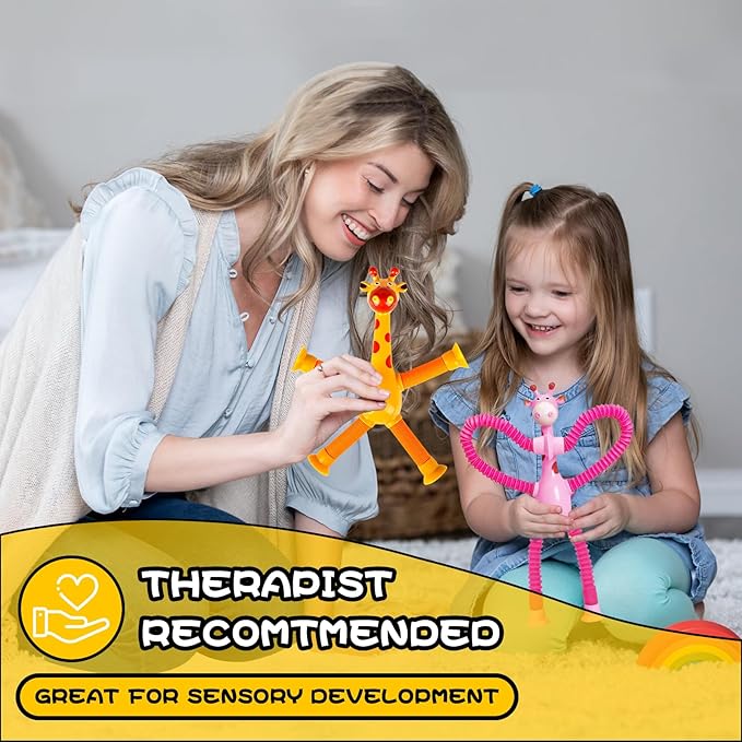 Giraffe Sensory Toys 4Pcs Gift for Toddlers Girls Year Old Ages 3 4 5 6 7 8 9 10, Suction Autism Toy Pop Tube Fidget Toys Autistic Travel Toys Stocking Easter Basket Stuffer Valentine Gift for Kids