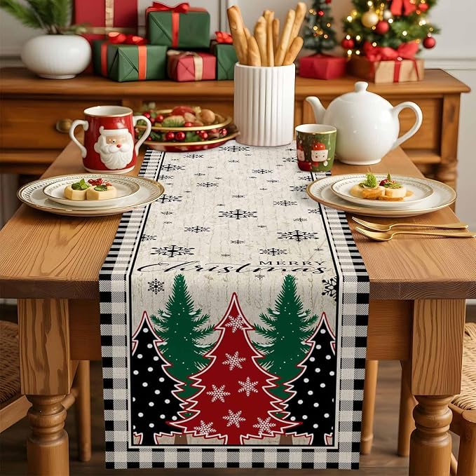Christmas Trees Table Runner 70 Inches Long, Xmas Snowflake Retro Table Runners - Image 5