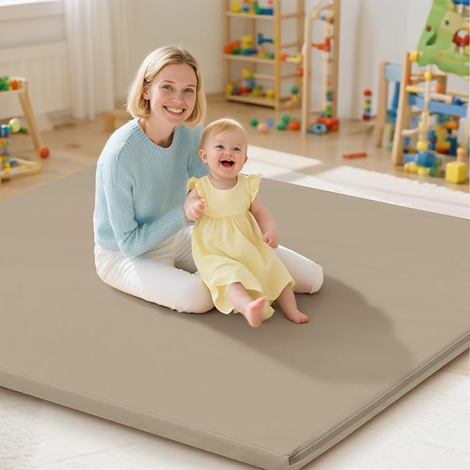 Baby Play Mat 47x47 Inches, Extra Thick 1.2" Foam Floor Mat for Tummy Time & Crawling, Waterproof Non-Slip Faux Leather Playpen Mat for Infants Toddlers, Indoor Outdoor Gym Activity, Brown