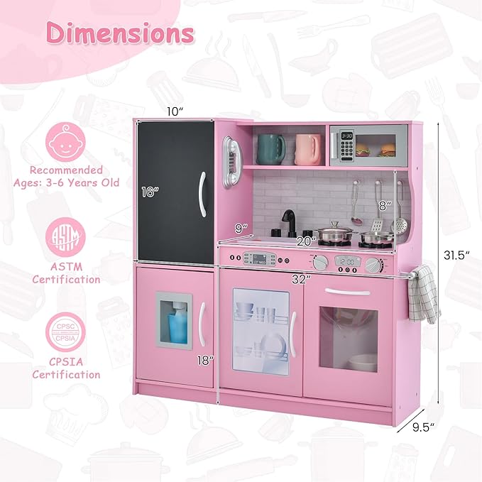 HONEY JOY Pink Kids Kitchen Playset, Wooden Little Chef Pretend Toy Kitchen Set w/Chalkboard, Telephone, Utensils, Oven, Microwave, Sink, Play Kitchen for Toddlers, Gift for Boys Girls, Pink