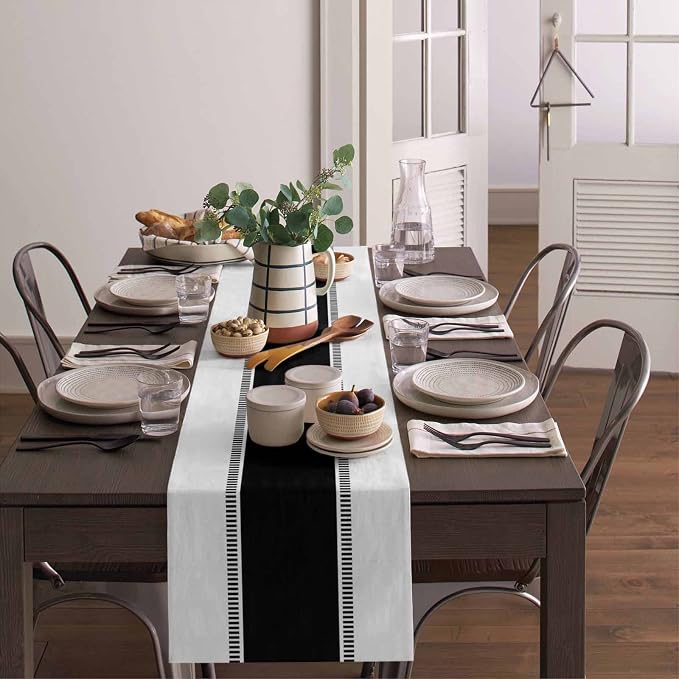 Farmhouse Black Stripes Table Runners 108 inches Long, Non Slip Cotton Linen - Image 4