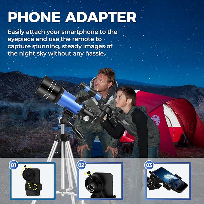 ESAKO Telescope for Kids & Beginners, 70mm Aperture Portable Telescopes with 3 Eyepieces, Height Adjustable Tripod & Phone Adapter & Remote Control