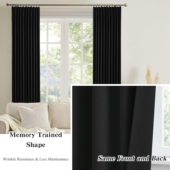 KEQIAOSUOCAI 80 Inch Wide Black Pinch Pleated Tall Curtains 80 x 144, Thermal Insulated Noise Cancelling Living Room Office Drapes 144 Inches Long, Patio Sliding Glass Door Window Curtain 2 Panels