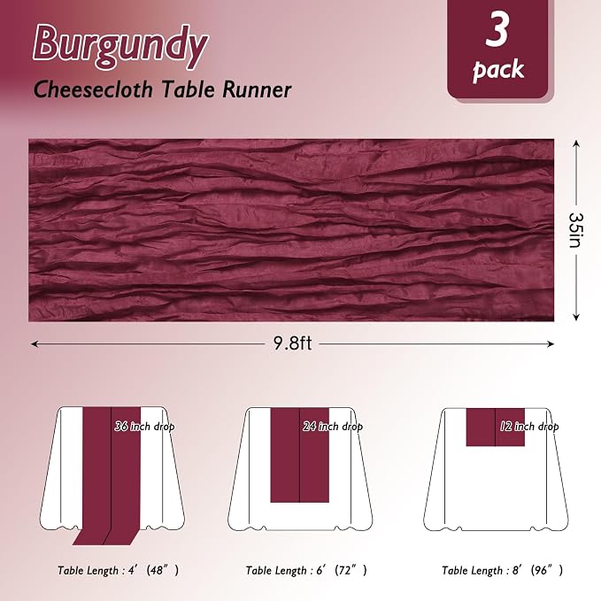 8 Pack Burgundy Red Cheesecloth Table Runner 120 Inch Boho Wedding Decor | - Image 2