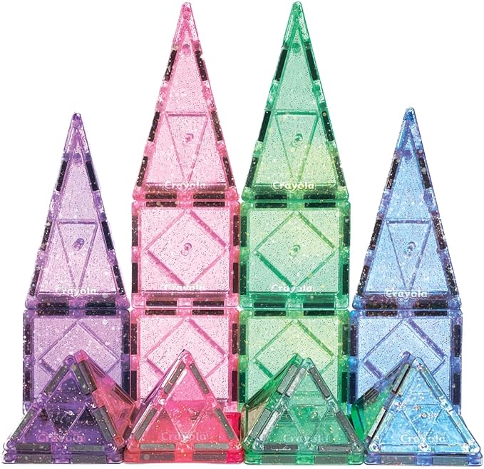 CreateOn Crayola Glitter Magnetic Tiles, Building Set for Kids, Magnetic Tiles, Kids’ Building Toys, STEM & Montessori Toys for Boys and Girls Ages 3+, 24-Piece Set (Glitter)