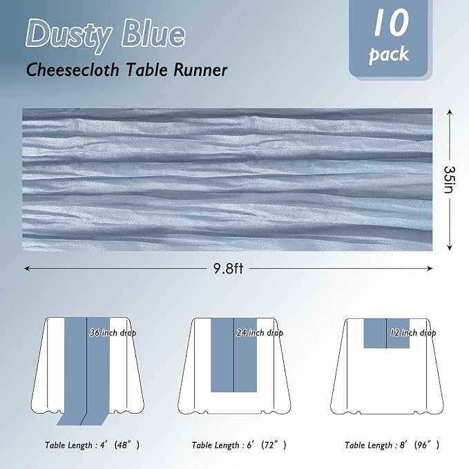 10 Pack Dusty Blue Cheesecloth Table Runner 120 Inch Boho Wedding Decor | - Image 2