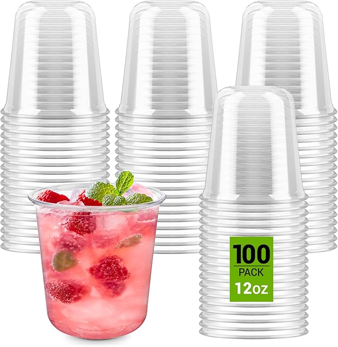 100 Pcs Round Bottom Plastic Cups, 12 oz Disposable Stemless Wine Glasses | by Soelomu