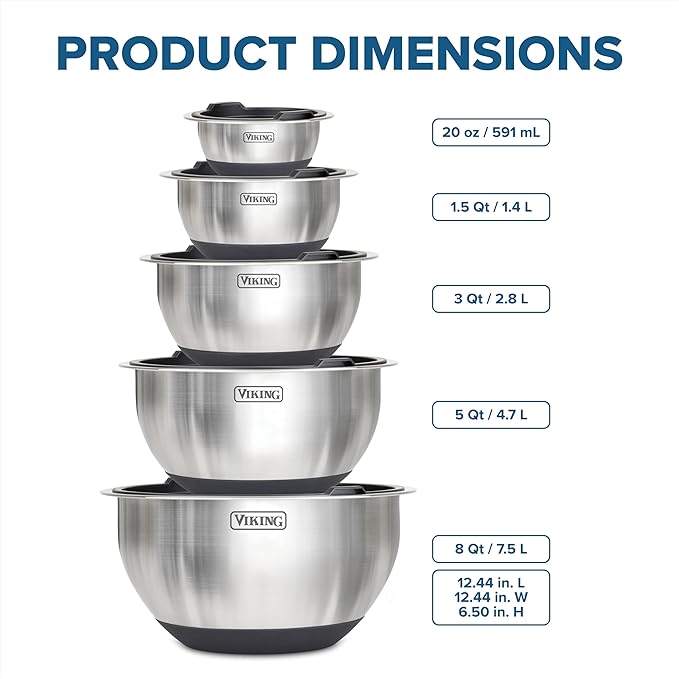 Viking Mixing Bowls Set, 10 Piece Stainless Steel Kitchen Cookware, Non-Slip - Image 5