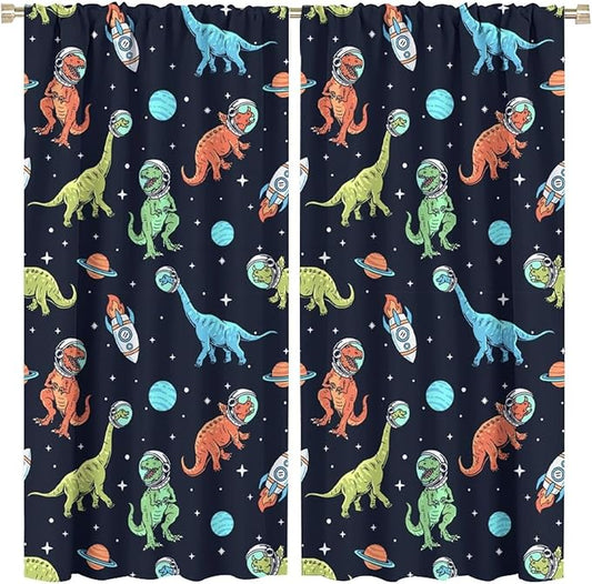 Cartoon Dinosaur Curtains for Kids Boys Girls Home Decor, Astronaut Rocket Funny Outer Space Blackout Rod Pocket Window Drapes for Bedroom Living Room W26xL84in 2 Panels