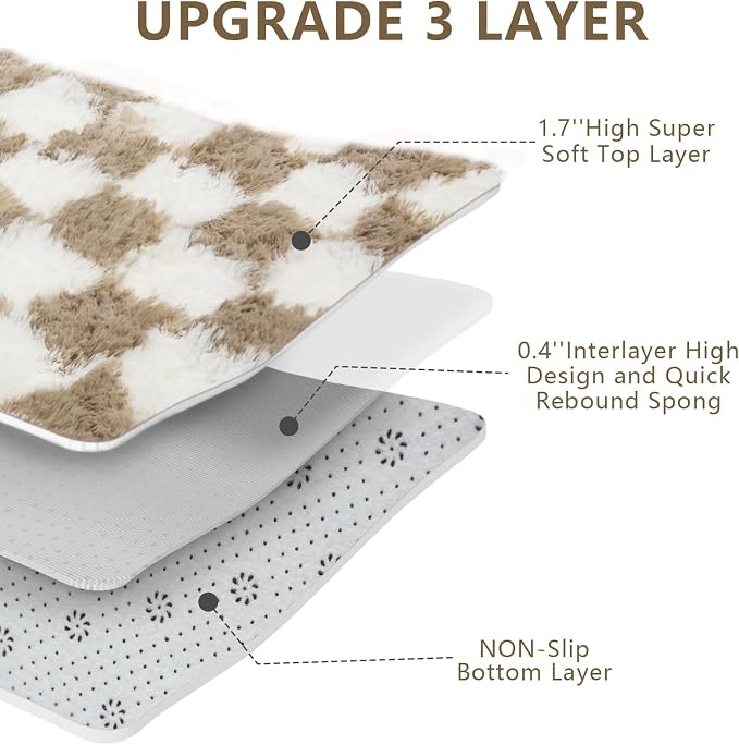 Checkered Area Rugs for Living Room 8x10, Fluffy Beige and White Checkered Rug - Image 5