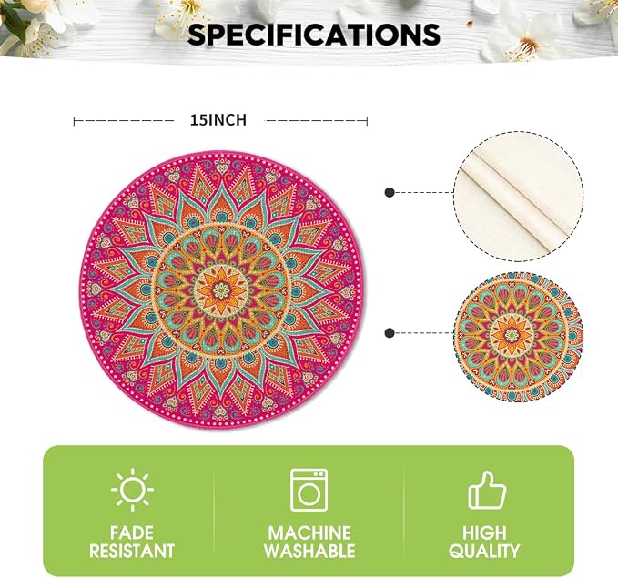 Artoid Mode Pink Yellow Mandala Round Placemats Set of 6, 14 Inch Seasonal - Image 6