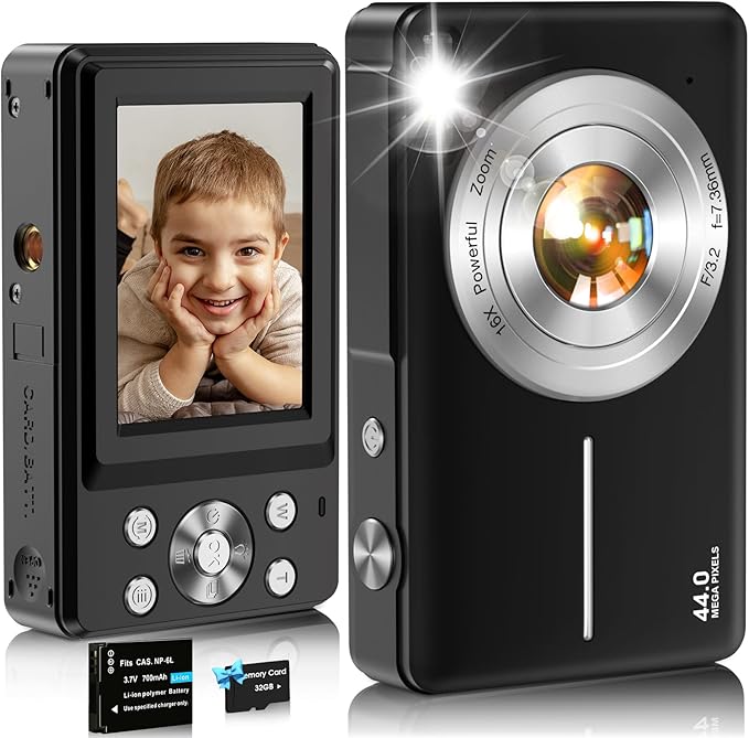 Digital Camera,FHD 1080P Kids Camera 44MP Point and Shoot Digital Cameras with 32GB Card,16X Zoom,Anti-Shake,Date Stamp,Compact Small Cameras Photography for Kids Student Teen Girl Boy(Black)