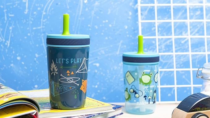Zak Designs Campout and Camping Kelso Tumbler Set, Leak-Proof Screw-On Lid with Straw, Bundle for Kids Includes Plastic and Stainless Steel Cups with Bonus Sipper, 3pc Set, Non-BPA,15 fl oz