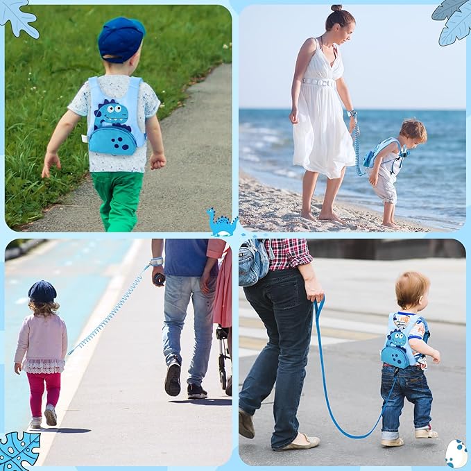 Dr.meter 3 in 1 Toddler Harness Leash + 8.2ft Anti Lost Wrist Link, Cute Dinosaur Kids Safety Harness with Key Lock, Child Walking Harness Assistant Strap for Outdoor Activity Travel