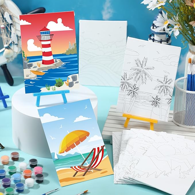 Blosssound 10 Set Pre Printed Canvas Pre Drawn Canvas Painting with Easel Kits 5" x 7" Outline Painting Panels for Beginners, DIY Craft Project, Party Favor, Home Decors(Summer)
