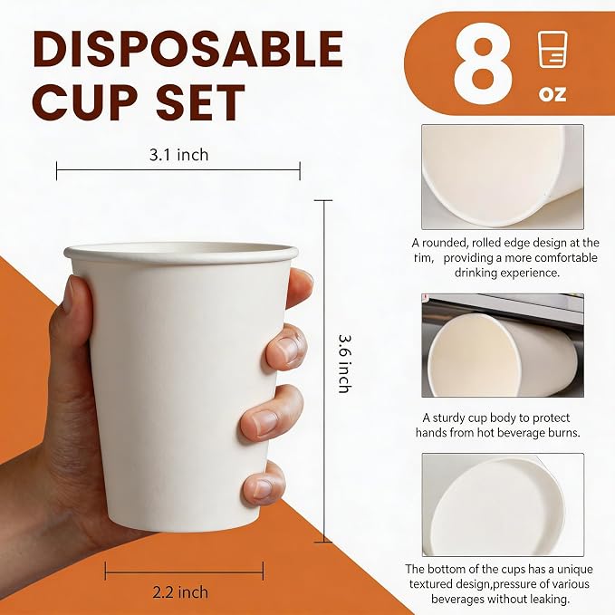 MOUMOULIFE Disposable Paper Coffee Cups 8 oz 300 Count, Leak-Proof Coffee Cups - Image 3