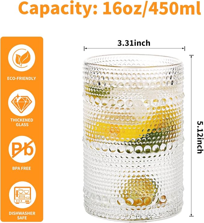 Hobnail Drinking Glasses Set of 6, 16 Oz Vintage Style Tumblers Smooth Interior - Image 3