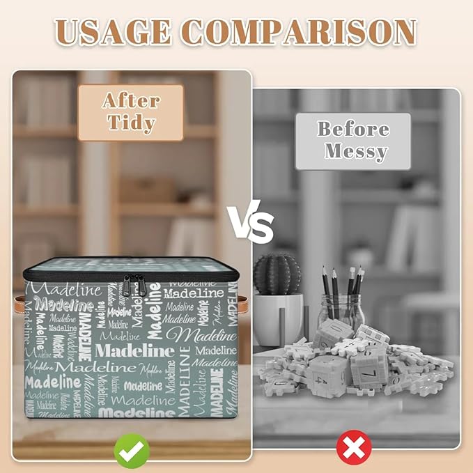 Custom Storage Basket with Name, Personalized Storage Bins with Zipper Lid, Foldable Fabric Storage Box Large capacity with Handle Gradient Grey Green