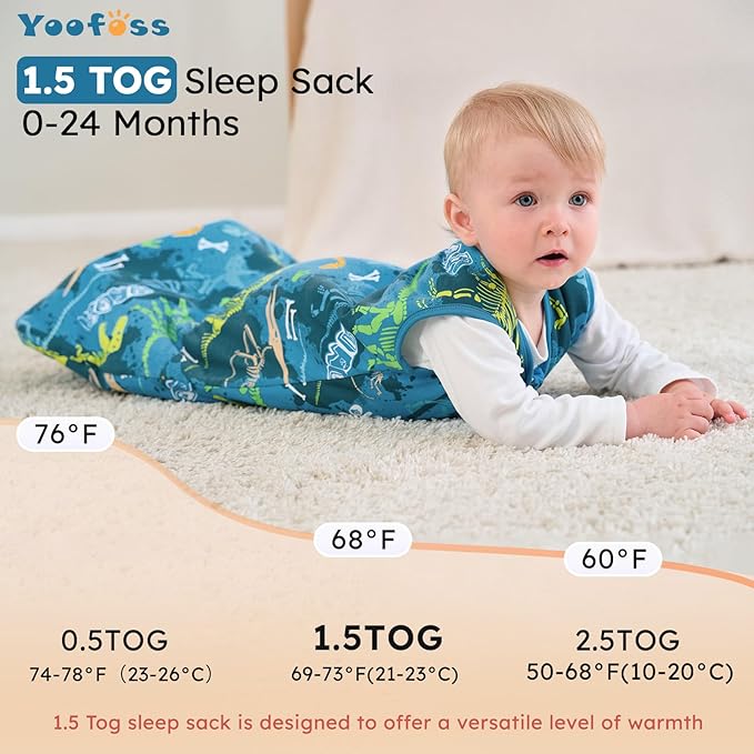 Yoofoss Baby Sleep Sack 18-24 Months, 1.5 Tog Baby Wearable Blanket with 2-Way Zipper, 100% Cotton Organic Fabric Winter Infant Sleeping Sack, Warm Soft Comfy