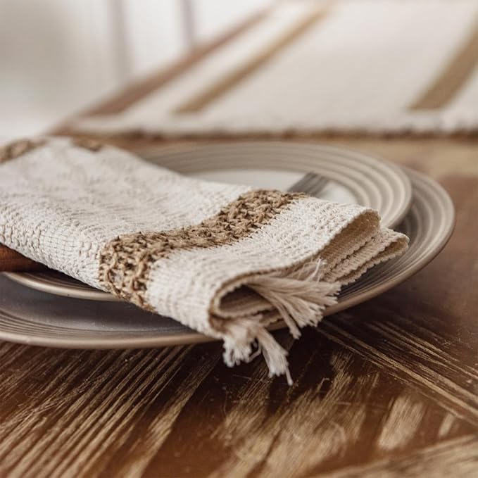 Boho Placemats Set of 8, 12x18 Inch Natural Cotton Burlap and Kitchen Woven - Image 3