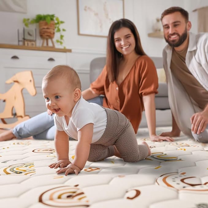 Boho Rainbow Baby Play Mat 71" X 59" Playpen Mat Thicken One-Piece Crawling Mat Non-Slip Cushioned Baby Floor Mat Letter Playmats for Babies Toddlers Infants Tummy Time Activity (71X59,Beige)