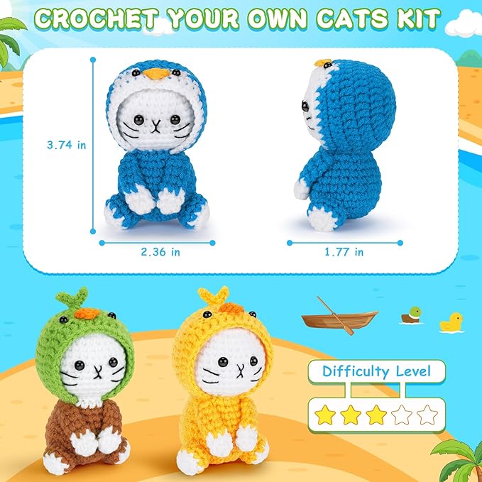 Crochet Kit for Beginners, 3 Pack Duck Cat Crochet Kits with Step-by-Step Video Tutorials, Beginner Crochet Kit for Adults Kid, Crochet Animal Kit for Starters, DIY Craft Gift for Cat Lover