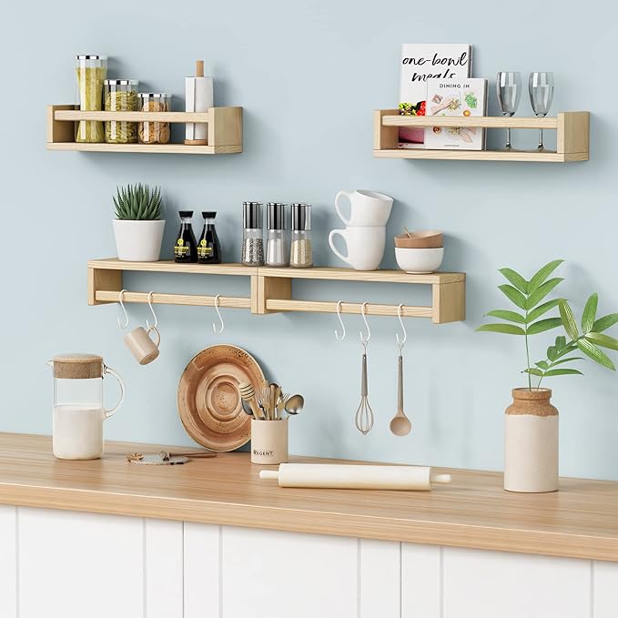 Forbena Natural Wood Nursery Book Shelves Wall Mounted, Floating Bookshelf for Kids Room, Toys and Books Storage Organizer Bookshelves for Toddler Child Bedroom Bathroom (4 Pack Natural Wood)