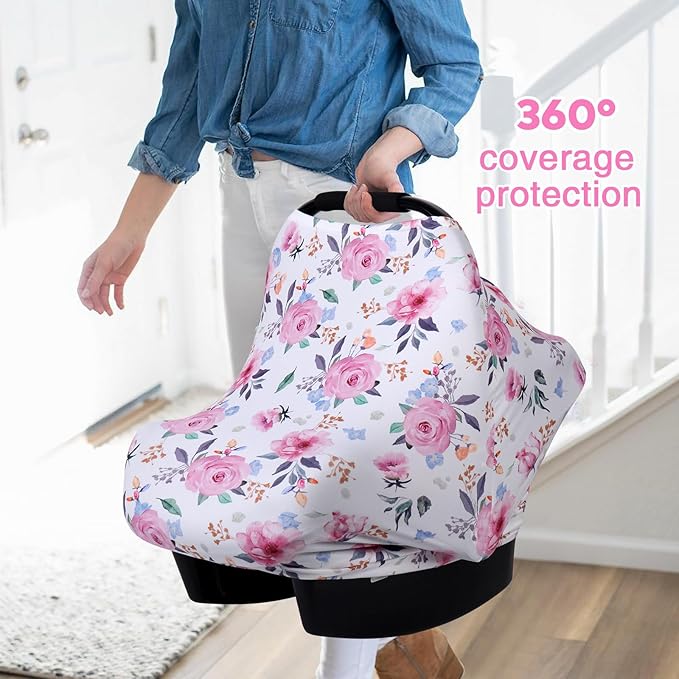 Rquite All-in-1 Car Seat Cover Baby, Carseat Covers for Girl Boy, Stretchy Soft Infant Car Seat Cover, Multi-use Baby Carrier Cover, Car Seat Canopy, Stroller Sun Shade, Nursing Breastfeeding Cover