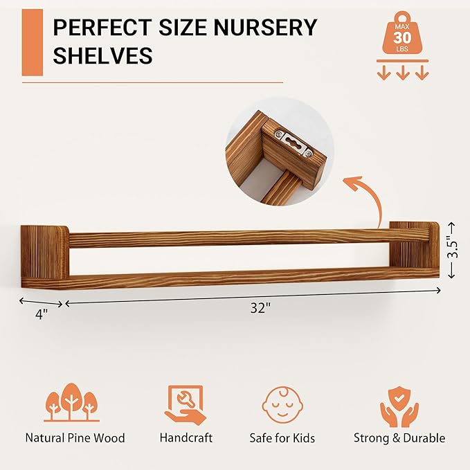 Heimlove 32 Inch Nursery Floating Shelves, Nursery Book Shelves for Wall, Wall Bookshelf for Kids Solid Wood Wall Mounted Shelves for Books,Toys and Decor Storage, Set of 2