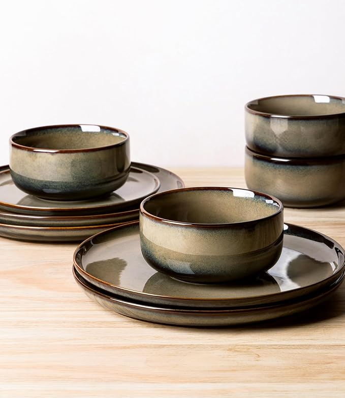 Ceramic Dinnerware Set for 4, 12-Piece Plates and Bowls Set | Handmade Reactive - Image 5