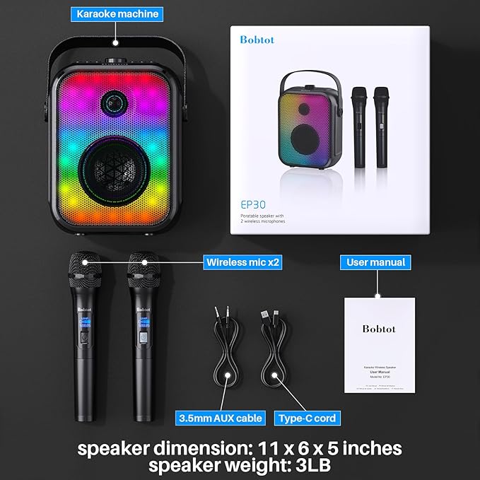 Karaoke Machine, Portable Bluetooth Speaker with 2 Wireless Karaoke Microphones, Karaoke Machine for Adults Kids with Subwoofer, LED Light Support TWS/FM/USB/AUX for Home Party Outdoor