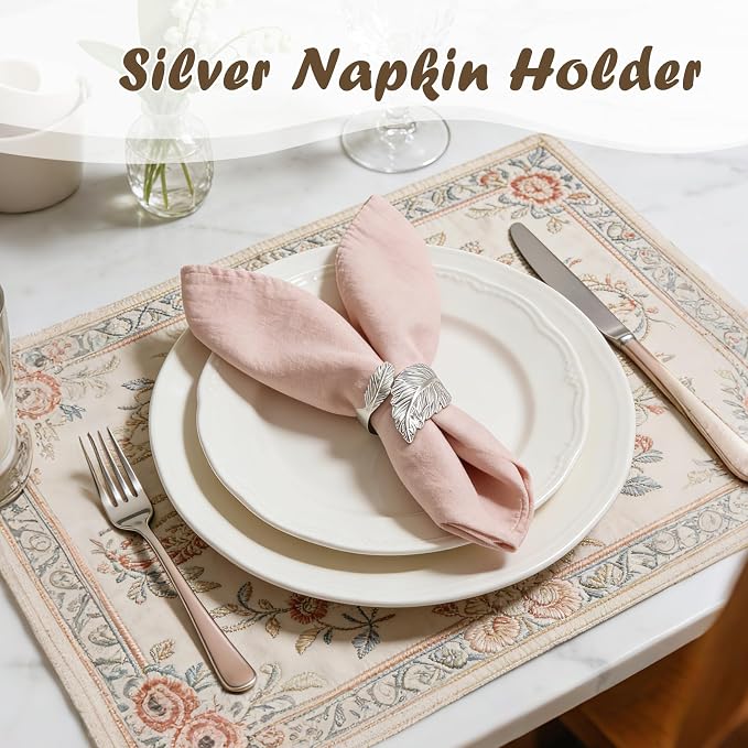Napkin Rings Set of 12 Silver Napkin Holder Buckles | Leaf Shaped Napkin Ring - Image 2