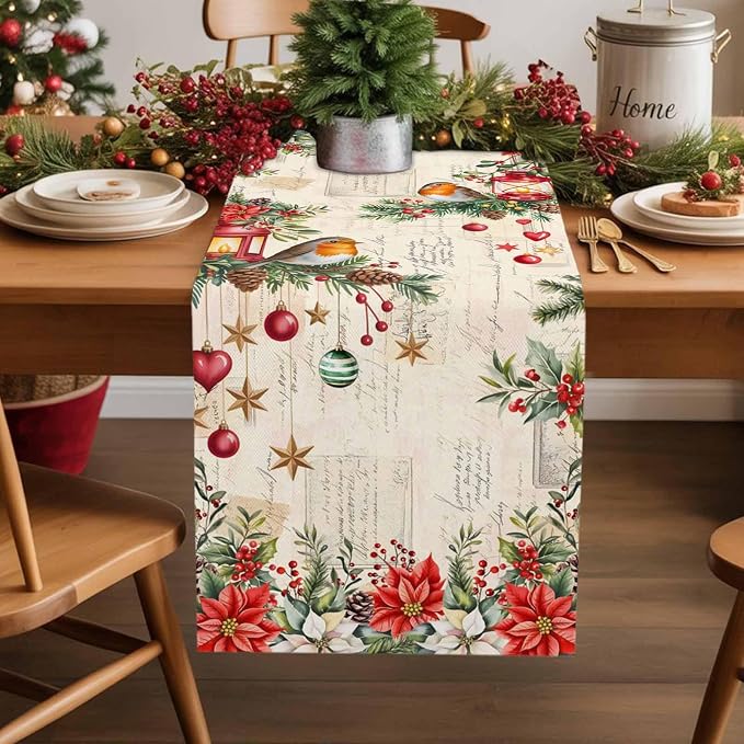 Christmas Poinsettia Table Runner 36 Inches Long, Winter Xmas Balls Birds Table - Image 2