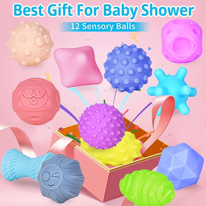 12 Pcs Sensory Balls for Toddlers, Sensory Baby Toys, Montessori Toy for Babies Squeeze, Infant Toys Soft Multi Ball Set Gifts with Bright Color Textured