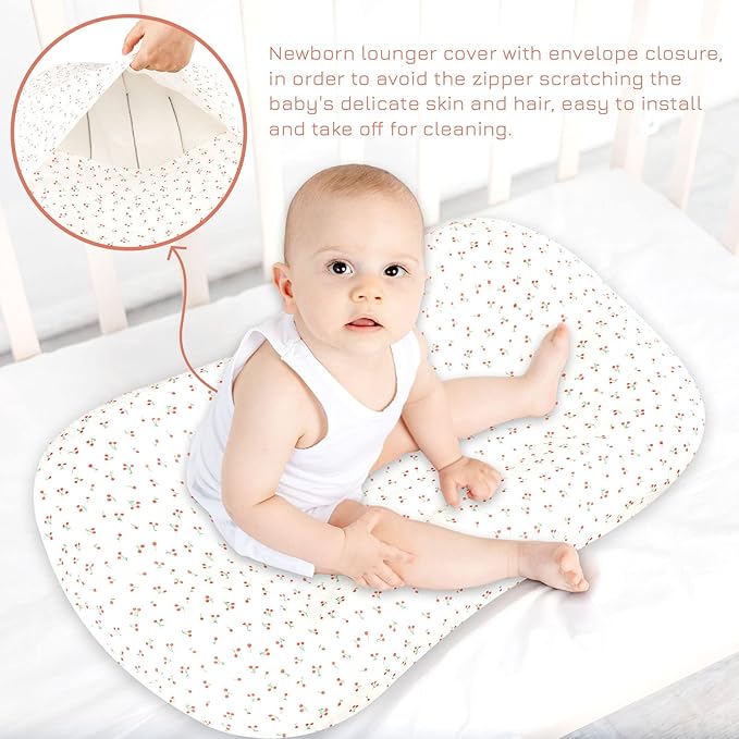 Hooyax Baby Lounger Cover 2 Pack - 100% Muslin Cotton Newborn Lounger Pillow Covers Only, Soft Breathable Infant Lounger Cover with Reinforced Stitching, Fits Most Standard Baby Loungers (Floral)