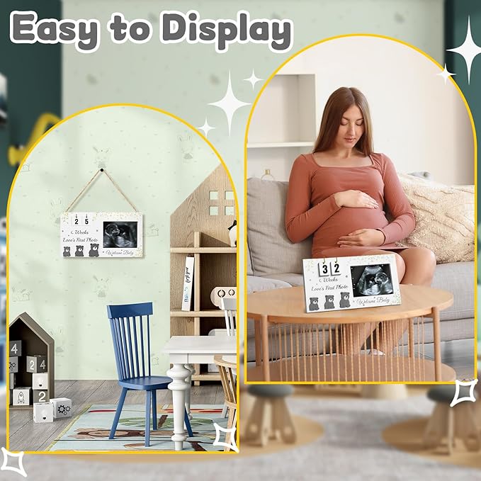 Ultrasound Picture Frames with Countdown Weeks, Baby Sonogram Picture Frame with Plant Prints for Standard 4" x 3" Love's First Ultrasound Photo, Pregnancy Announcement, Gender Reveal Baby-Shower Gift