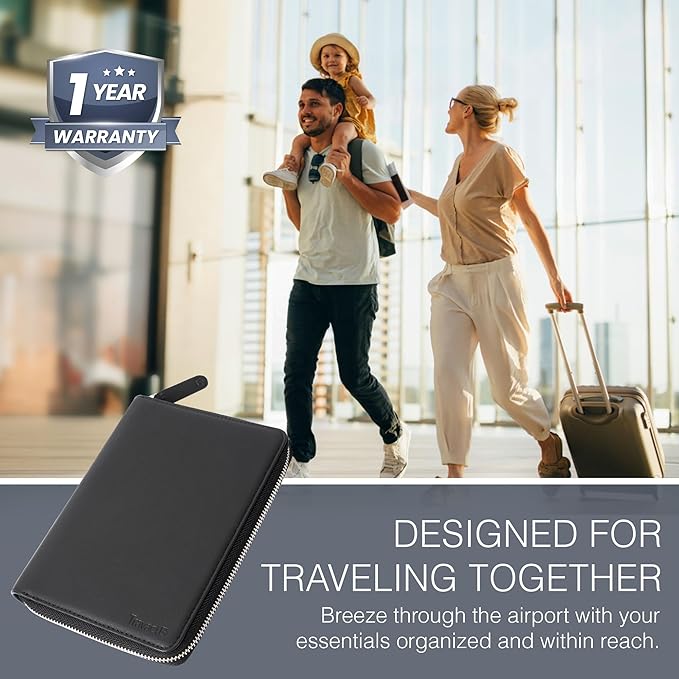 Full Grain Leather Family Passport Holder for 2-4 Passports - RFID Passport Holder and Travel Document Organizer - Large Leather Travel Wallet for Couples and Families - Black