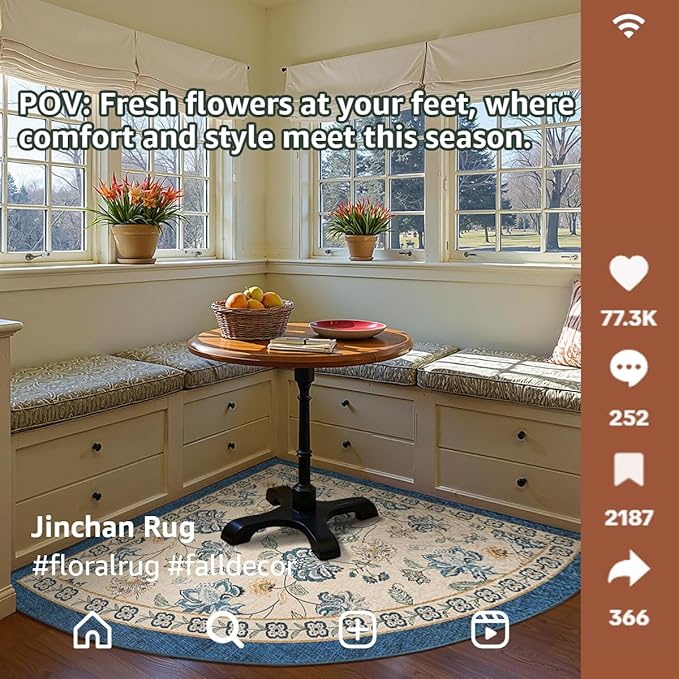 jinchan Floral Corner Rug for Entryway Washable Kitchen Rug Vintage Romance Design Non Slip Quarter Circle Lightweight Low-Pile Throw Carpet for Playroom Reading Nook Nursery, 4ft Radius, Blue/Beige