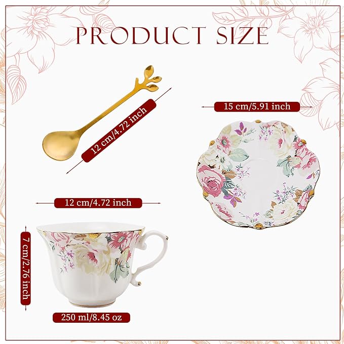 TATSUMI Country Roses Bone China Tea Cup and Saucer Set, 6 Pieces, Vintage Style - Image 2