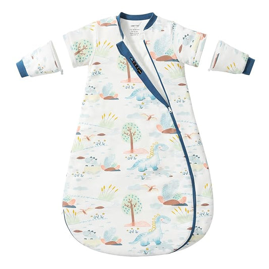 Baby Sleep Sack 12-18 Months, Cotton Detachable Long Sleeve Sleep Sack, 2.5 Tog Toddler Sleeping Sack with Temperature Strips, 2-Way Zipper Wearable Blankets for Newborns, Dinosaur