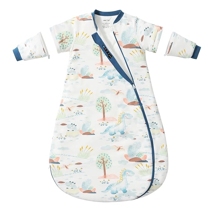 Baby Sleep Sack 3-6 Months, Cotton Detachable Long Sleeve Sleep Sack, 1.0 Tog Toddler Sleeping Sack with Temperature Strips, 2-Way Zipper Wearable Blankets for Newborns, Dinosaur