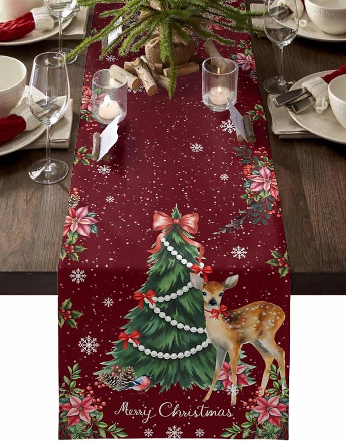 Christmas Reindeer Table Runners 70 Inches Long, Cotton Linen Fabric Red Table by Edwiinsa