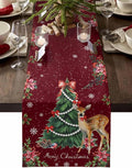 Christmas Reindeer Table Runners 120 Inches Long, Cotton Linen Fabric Red Table by Edwiinsa