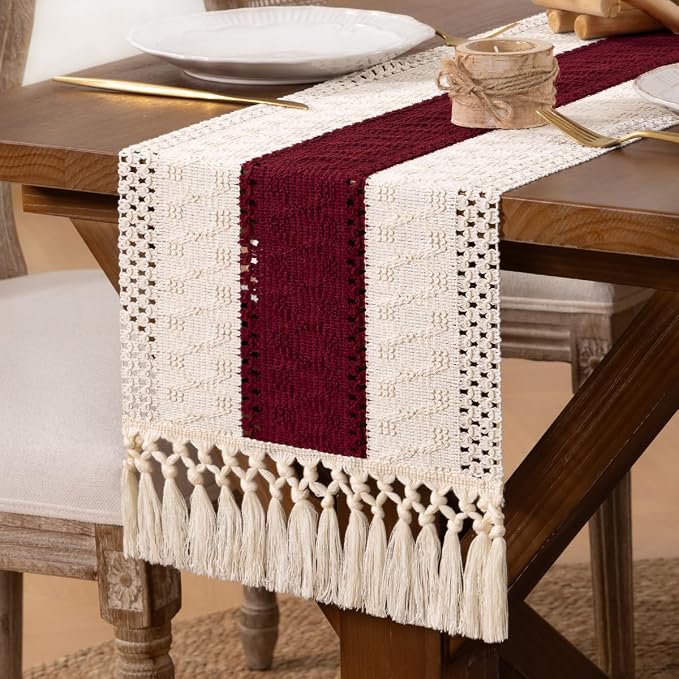 DeZerlor Ivory&Burgundy Boho Macrame Farmhouse Woven Table Runner 72Inch | - Image 7