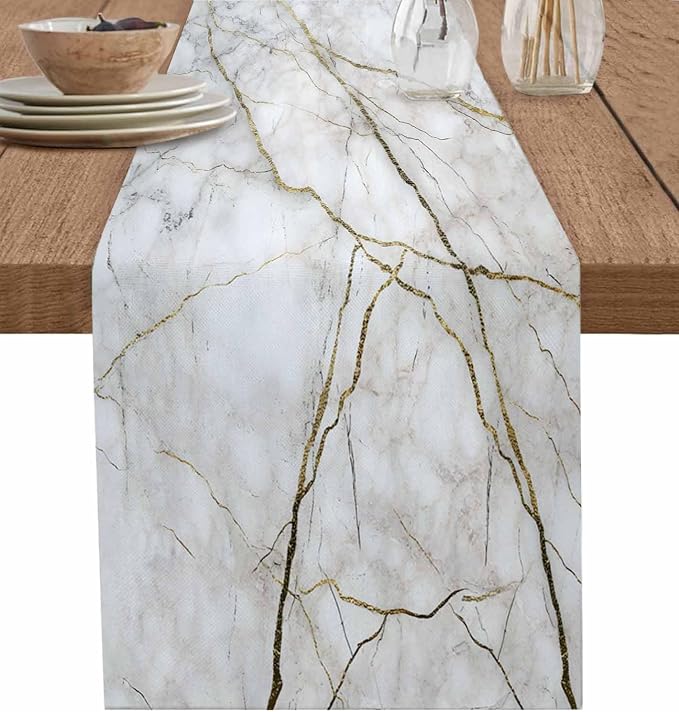 Marble Table Runner-Cotton Linen-Long 72 inche White Gray Gold Dresser Scarves by PIEPLE