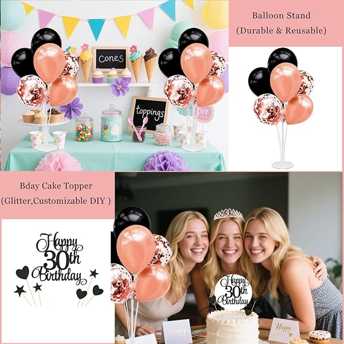 30th Birthday Decorations for Women - 56pcs Rose Gold Happy 30th Banner, 30th Birthday Crown Sash, Cake Topper, Number 30 balloons, 3D Butterflies, 4 Balloon Stands kits