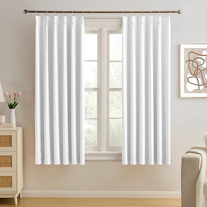 KEQIAOSUOCAI Pleated White Curtains 72 Inches Long for Bedroom,Half Blackout Room Darkening Memory Shape Window Curtain 72 Inch Length 2 Panel Set,Pinch Pleated Drapes with Hooks,40 by 72,Set of 2
