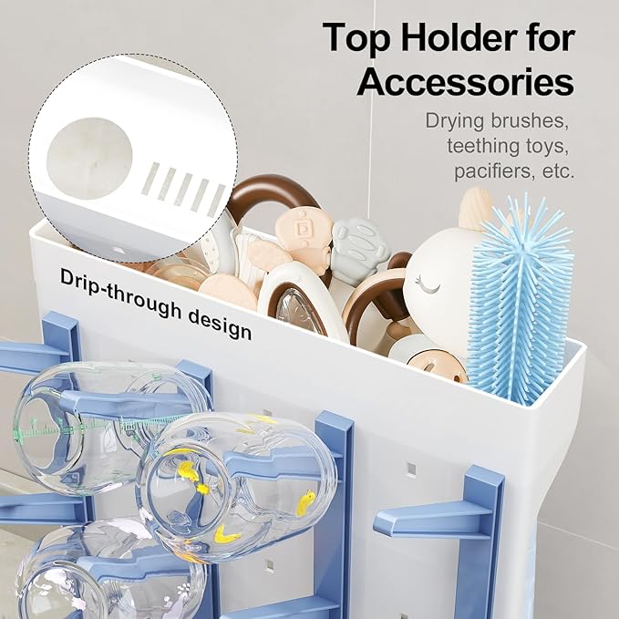 GoMaihe Baby Bottle Drying Rack: Space Saving Vertical Bottle Dryer Holder - Baby Accessories Storage Stand Organize Brushes Pacifiers on Countertop - BPA-Free - Blue
