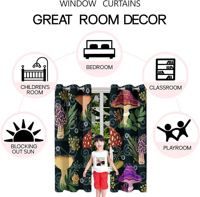Mushrooms Curtains Panels for Kids Room Green Mushroom Blackout Curtains 63 inch Length for Kids Bedroom Living Nursery Room Grommet Top Thermal Insulated Curtains, 2 Pcs Panels, 82" x 63"